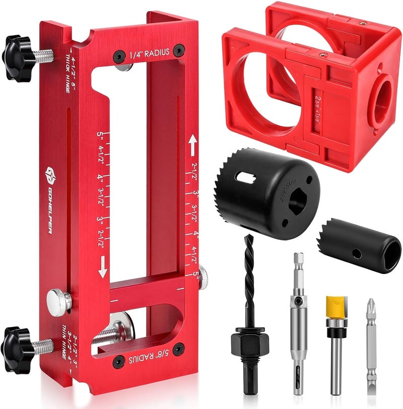 Gohelper Door Hinge Jig and Door Lock Installation Kit, Aluminum Alloy Router Template for Hinge Mortising 2.5" to 5", 1/4" R, 5/8" R, Square Corner Hinge, Not for Jamb, Door Hole Drilling Kit for Wooden Door - Image 1